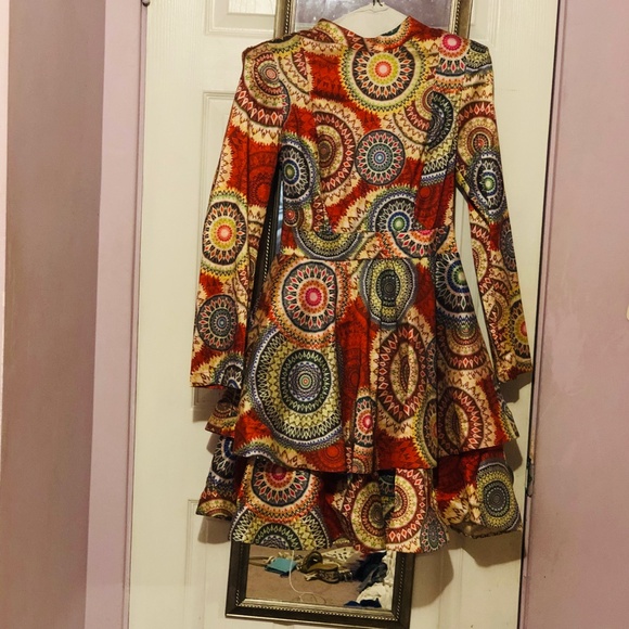 Unique Exotic High Fashion Flare Carretto Print Geometric Dress Knee Length Midi - Picture 9 of 11